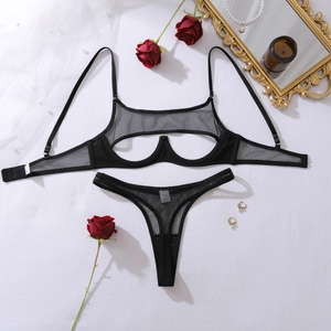 Detailed close-up of a black mesh lingerie set with hollow-out design and underwire support