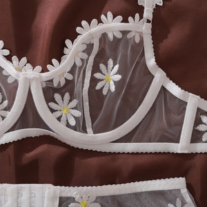 Detailed view of white mesh bra with daisy embroidery on luxurious red satin
