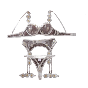 Brown mesh lingerie set with white daisy embroidery featuring bra, garter, and thong