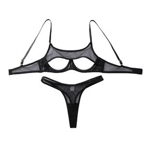 Sexy black mesh lingerie set with hollow cutout underwire bra and matching thong