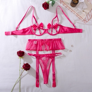Dettaglio del set di lingerie in pizzo rosa con fiocco, reggicalze e fibbie in metallo