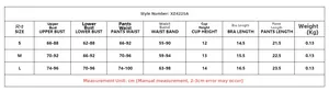 Detailed size chart for lace lingerie set including bust, waist, and length measurements