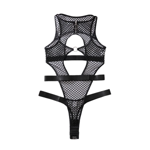 Sexy black fishnet bodysuit with halter hollow-out design and metal ring accents