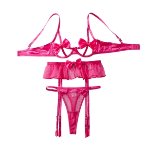 Set lingerie tre pezzi rosa sexy con fiocchi di raso e tessuto a rete a pois velato