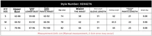 Detailed size chart for lace lingerie set including gloves and bust measurements