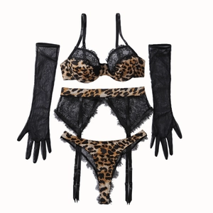 Leopard print and black lace lingerie set with matching gloves and garter belt
