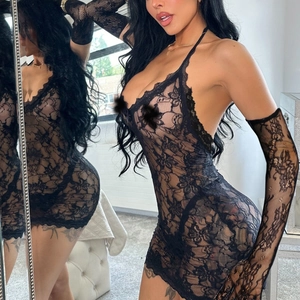 Sexy black floral lace sheer lingerie set with halter neck dress and matching long gloves