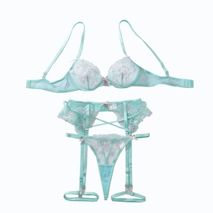 Mint green lace lingerie set with floral embroidery and satin bows three-piece suit