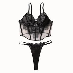 Ensemble lingerie corset en dentelle et string avec empiècements en résille et armatures