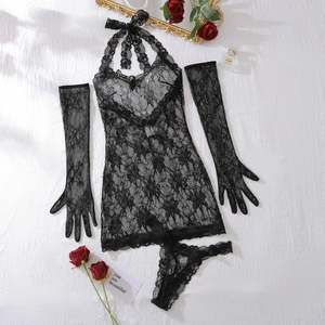 Detail view of black floral lace teddy lingerie set with matching long gloves and G-string