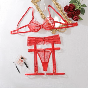 Détails macro d'un ensemble de lingerie en dentelle rouge brodée avec porte-jarretelles