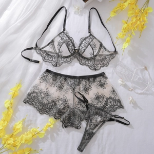 Detail of three-piece lace lingerie set with floral embroidery and mesh on white background