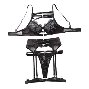 Sexy black lace lingerie set with strappy bra, garter belt, and matching thong