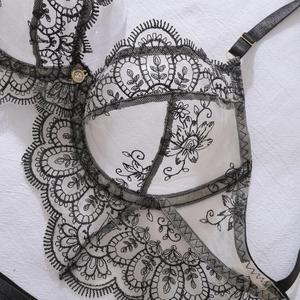 Close-up of black floral embroidery and mesh texture on white lace lingerie set