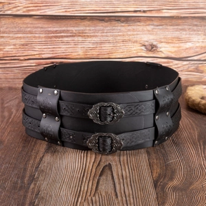 Medieval Viking wide black leather belt with embossed Celtic knots and silver buckles