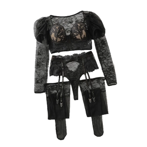 Ensemble lingerie en dentelle florale noire avec manches longues, porte-jarretelles et bas
