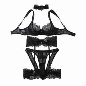 Sexy black four-piece floral lace lingerie set with choker and garter belts
