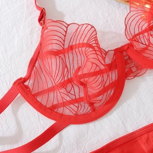 Détail d'un soutien-gorge en maille rouge avec broderie de veines de feuilles et dentelle transparente