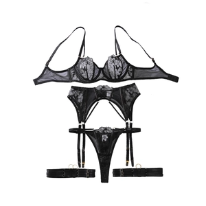 Sexy black lace lingerie set with sheer floral embroidery, garter belts and stockings