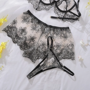 Detailed view of sheer floral lace embroidery on high-waist shorts and bra set