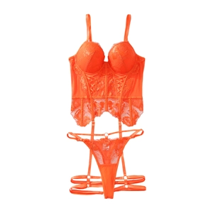 Bright orange floral lace corset set with mesh embroidery and matching garter belt straps
