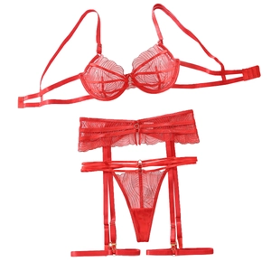 Ensemble lingerie 3 pièces en dentelle rouge avec soutien-gorge push-up et porte-jarretelles