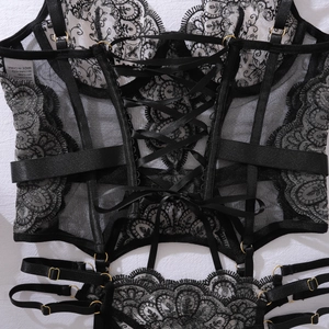 Détail d'un ensemble de lingerie en dentelle noire avec anneaux dorés et laçage au dos