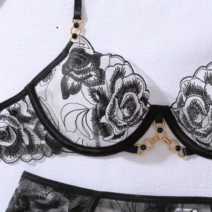 Détail de broderie florale sur soutien-gorge en dentelle avec motifs de roses noires