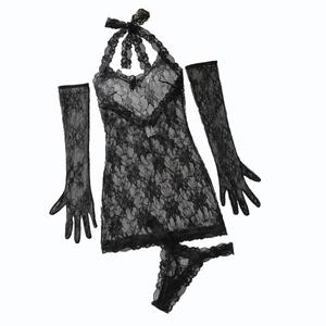 Sexy black floral lace lingerie set with halter neck chemise and matching long gloves