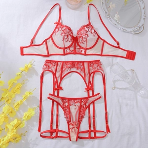 Detailed flat lay of red floral lace lingerie set with garters and delicate embroidery