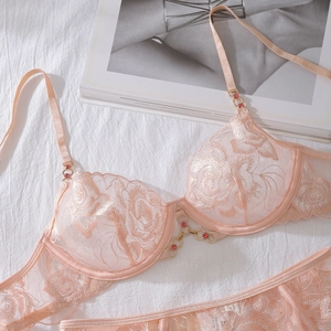 Détail d'un ensemble lingerie en dentelle rose avec broderie florale et détails métalliques