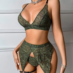 Détails de l'ensemble lingerie vert foncé imprimé serpent avec anneau de jambe sexy