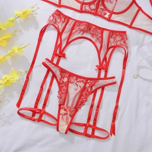 Detail of red floral embroidery on sheer mesh lingerie set with adjustable garter straps