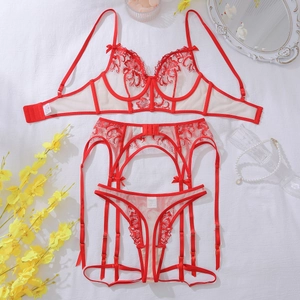 Detailed flat lay of red lace lingerie set with floral embroidery and garter belt details