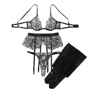 Chic U-shaped snake embroidery 4-piece lingerie set with stockings and garter belt