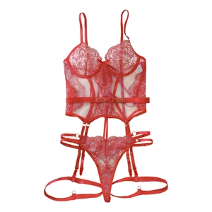 Ensemble lingerie 3 pièces dentelle rouge avec bustier à armatures et porte-jarretelles