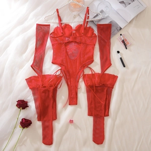 Detailaufnahme von rotem Spitzenbody-Set mit Netzhülsen und Netzstrümpfen auf Seide