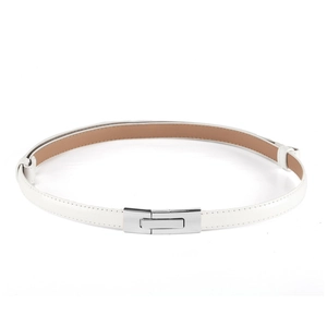 Slim white patent leather belt for women with silver buckle and brown lining decoration