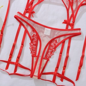 Detailed macro of red lace lingerie set featuring intricate embroidery and adjustable garter straps