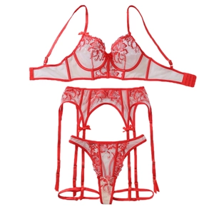 Sexy red lace floral embroidery lingerie set with mesh underwire bra and garter