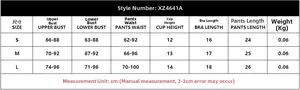 Detailed size chart for lace lingerie set including bust, waist, and length measurements