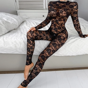 Detail of sheer black lace bodysuit featuring floral patterns and high elastic texture