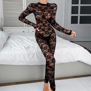 Detail of high neck black lace bodysuit with intricate floral mesh and sheer patterns