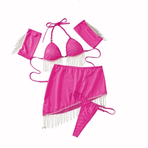 Ensemble lingerie festival rose flashy 4 pièces avec franges argentées et licou