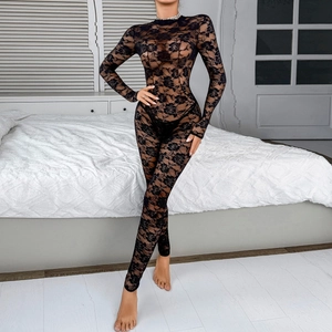 Detailed view of black floral lace see-through bodysuit with a high neck and long sleeves