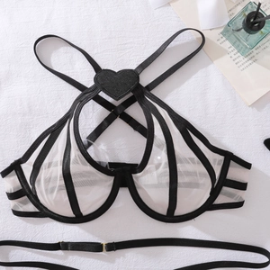 Close-up of sheer mesh bra with black strap structure and heart detail on white background