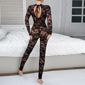 Back view of sexy black sheer floral lace bodysuit with open back cutout and tie detail