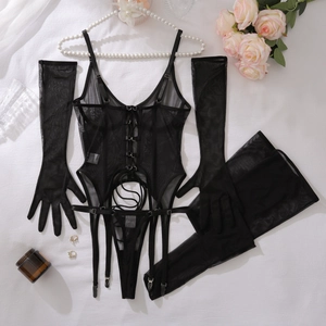Detail of black sheer mesh lingerie set with lace-up corset and matching accessories