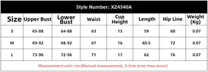 Detailed size chart for geometric embroidered lace deep V bodysuit model XZ4540A