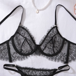 Detail view of fine eyelash lace lingerie set with underwire and gold metal ring accents